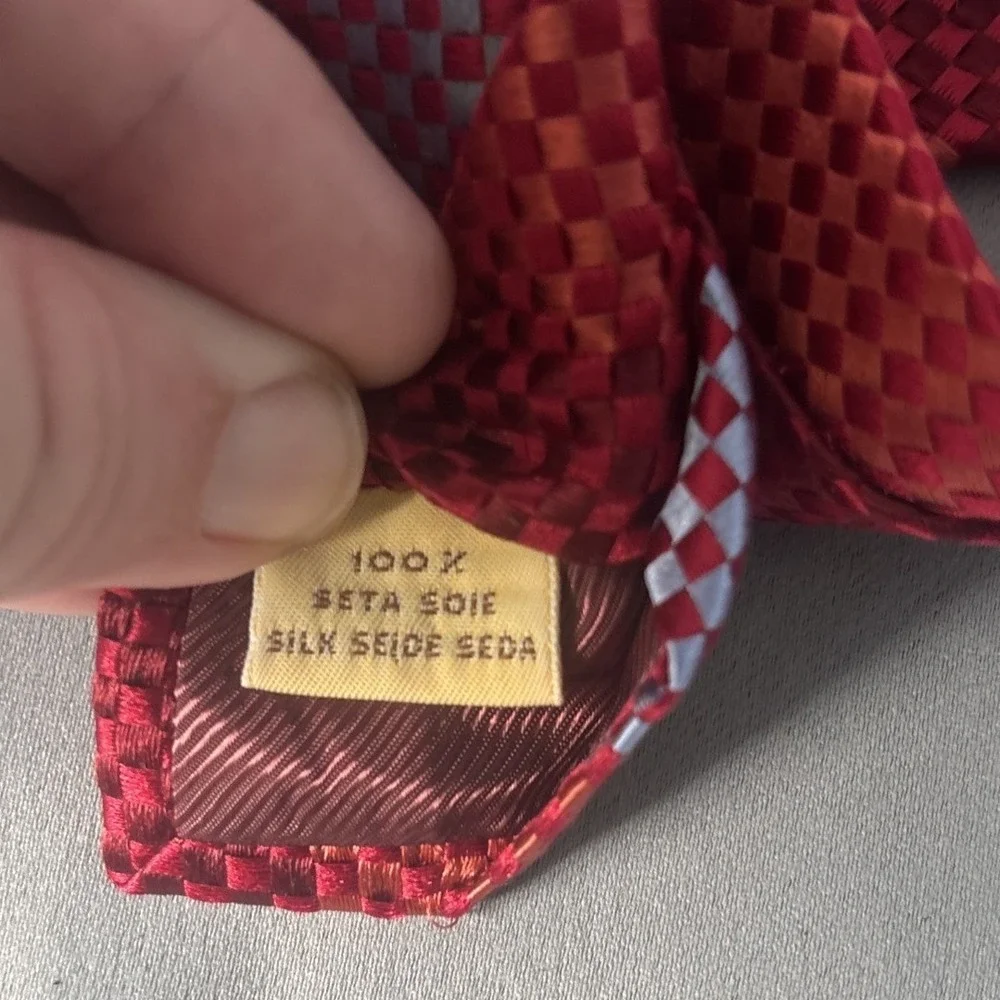 Villa Bolgheri Italy Mens Silk Tie Red Orange Silver Geometric Checkered Stripe